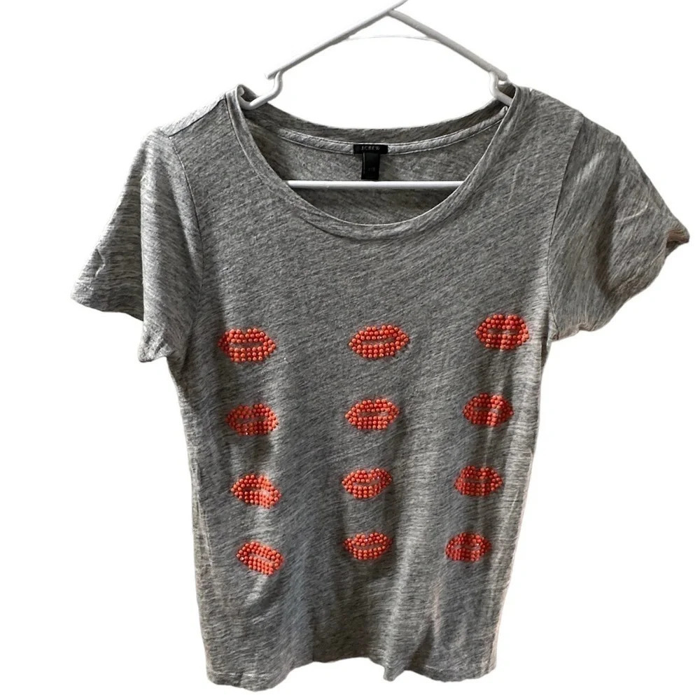 J Crew Women's Rhinestone Lips Short Sleeve Graphic T Shirt Top Gray XXS